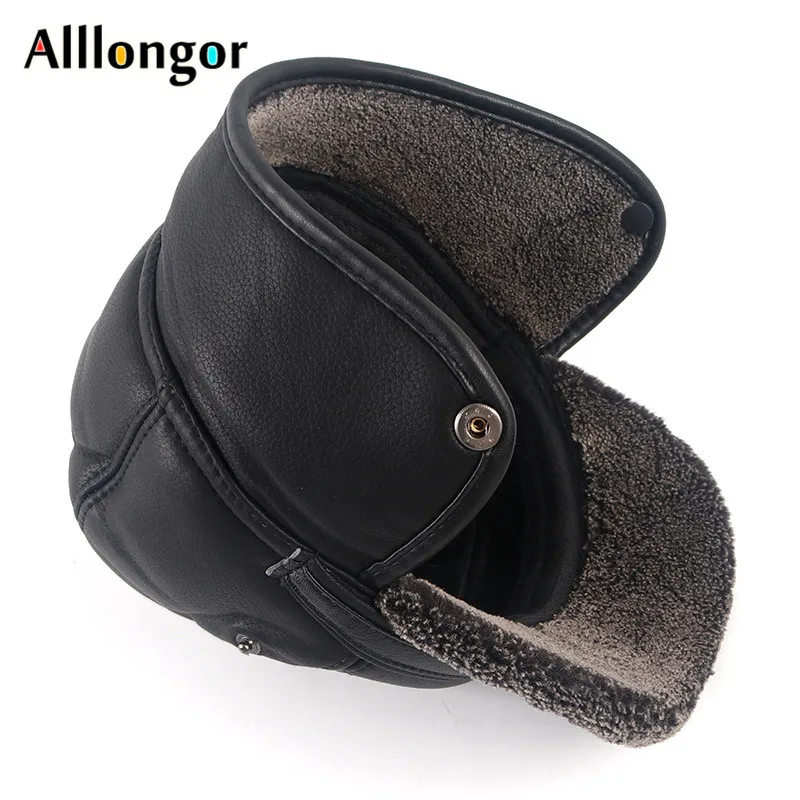 Leather Bomber Hats Men\'s Winter Earflap Hat Ushanka Head Hood 2024 Autumn Warm Faux Fur Wool Earflaps Baseball Cap Male Thicken