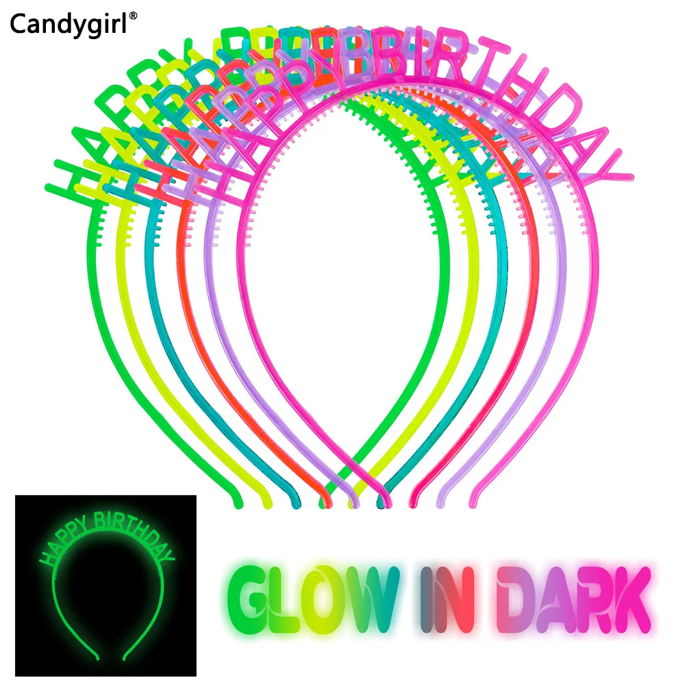 

Candygirl 6pcs New Luminous Happy Birthday Headbands Kids Girls Glow in Dark Plastic Hairband Children Cute Hair Accessories