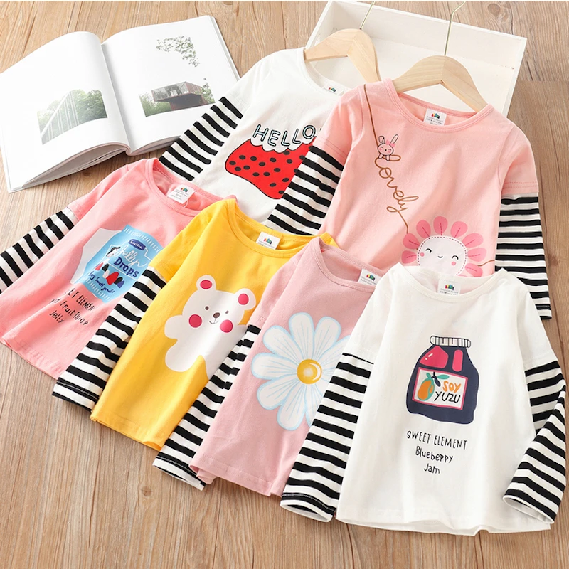 2024 Spring Autumn Fashion 2 3 4 5 6 7 8 910 Years Cute Cotton Striped Color Patchwork Cartoon Basic T-Shirt For Kids Baby Girls