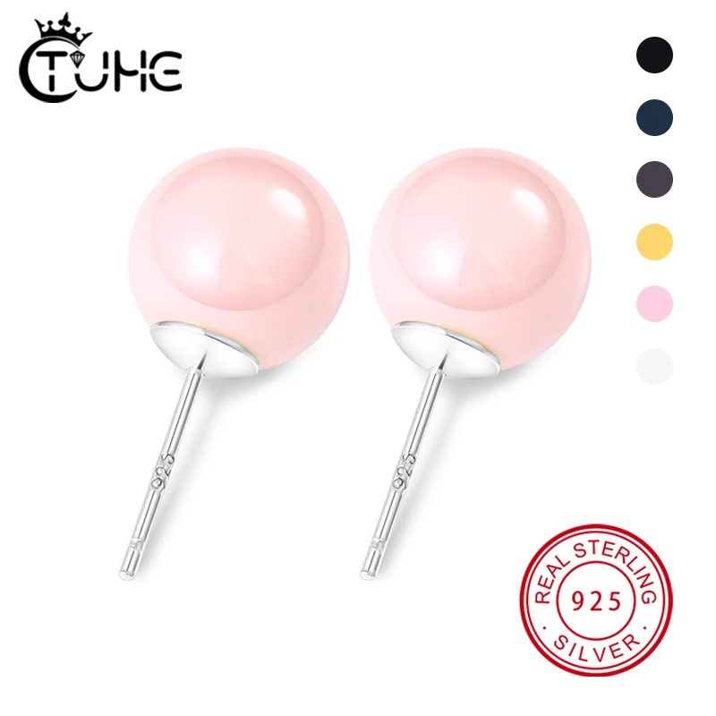 925 Silver Colorful Ceramic Ball Stud Earrings Simple Pink Black White Candy Ceramic Ear Acupuncture Earrings For Women Jewelry