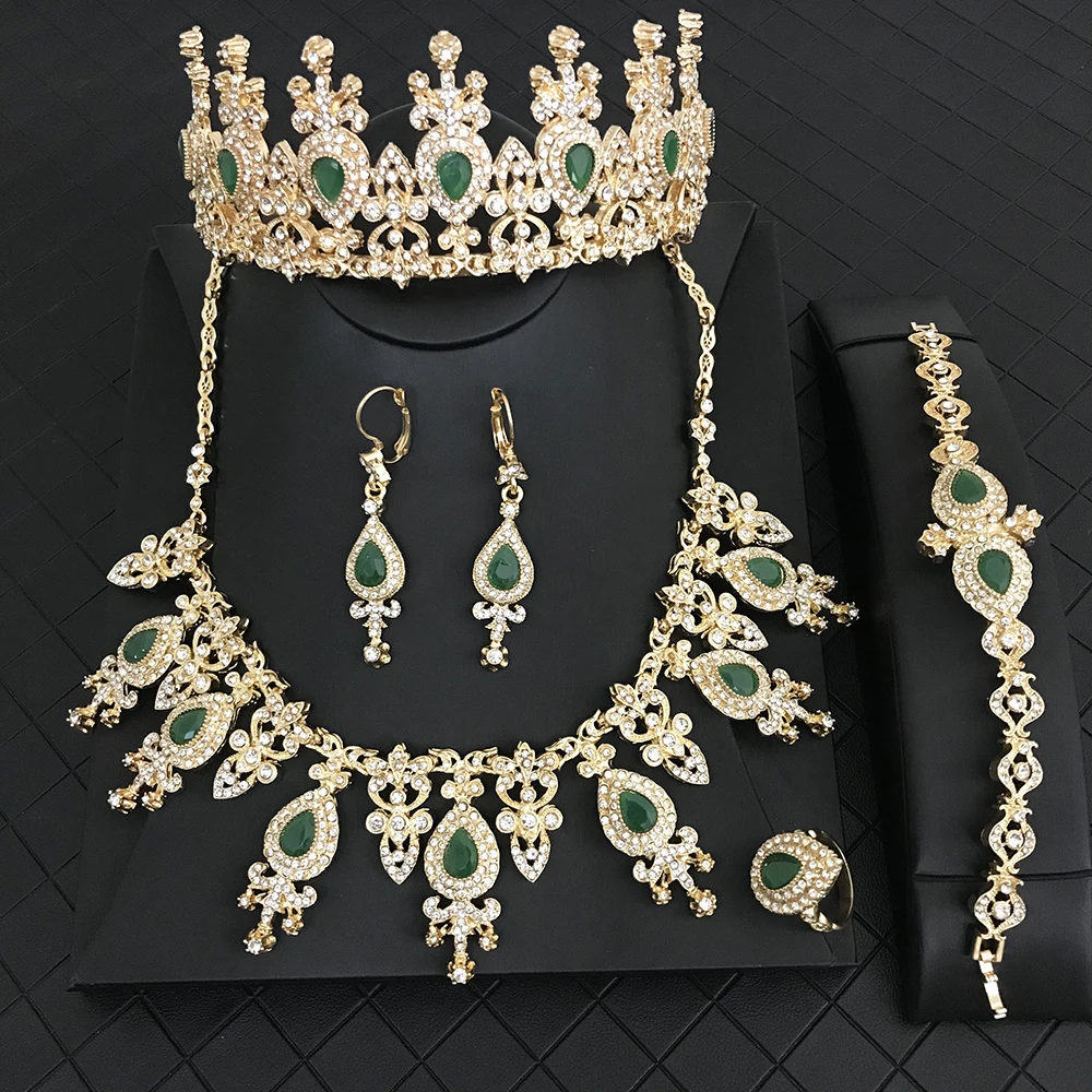 Vintage Turkish Style Drop Shape Brand Design Luxury Bridal Crystal Necklace Earrings Bracelet Ring Crown Jewelry Set