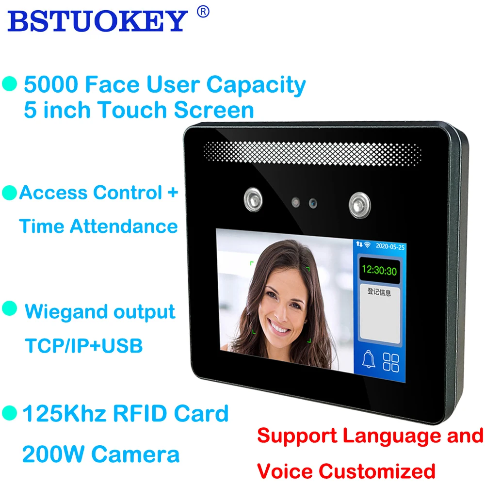 5 Inch TCP/IP USB Touch Screen Dynamic Face Recognition Access Control Time Attendance Employee Time Clock 125Khz RFID Card