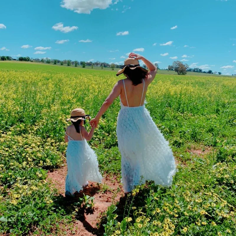 Mom and Daughter Dress Solid Chiffon Long Dress Family Matching Outfits Halter Dress with Suspenders Fashion Mommy and Me Dress