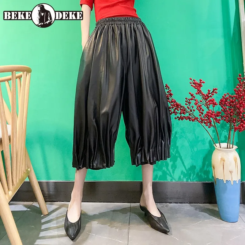 Women Natural Leather Harem Pants Streetwear Casual Wide Leg Pants Elastic High Waist Loose Office Calf-Length Pants