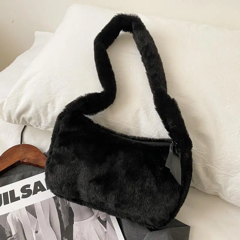 Simple Design Women Soft Plush Hobos Shoulder Bags Winter Furry Ladies Clutch Purse Handbag Fashion Female  Underarm Bag