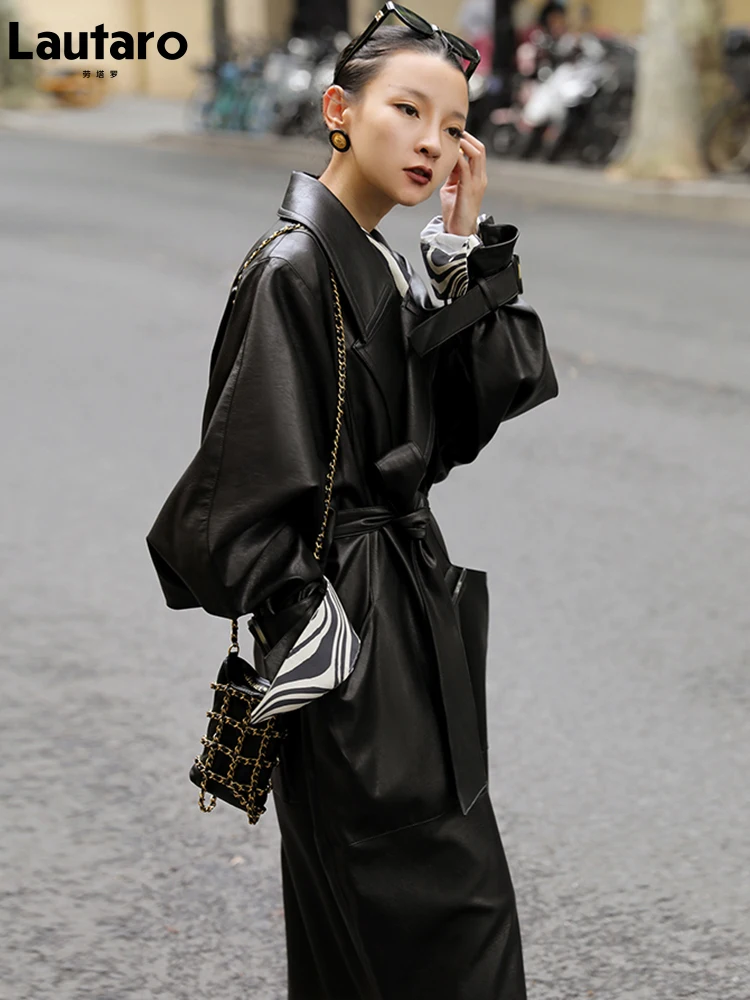 Lautaro Spring Autumn Oversized Long Black Soft Pu Leather Trench Coat for Women Belt Double Breasted Luxury Korean Fashion 2022