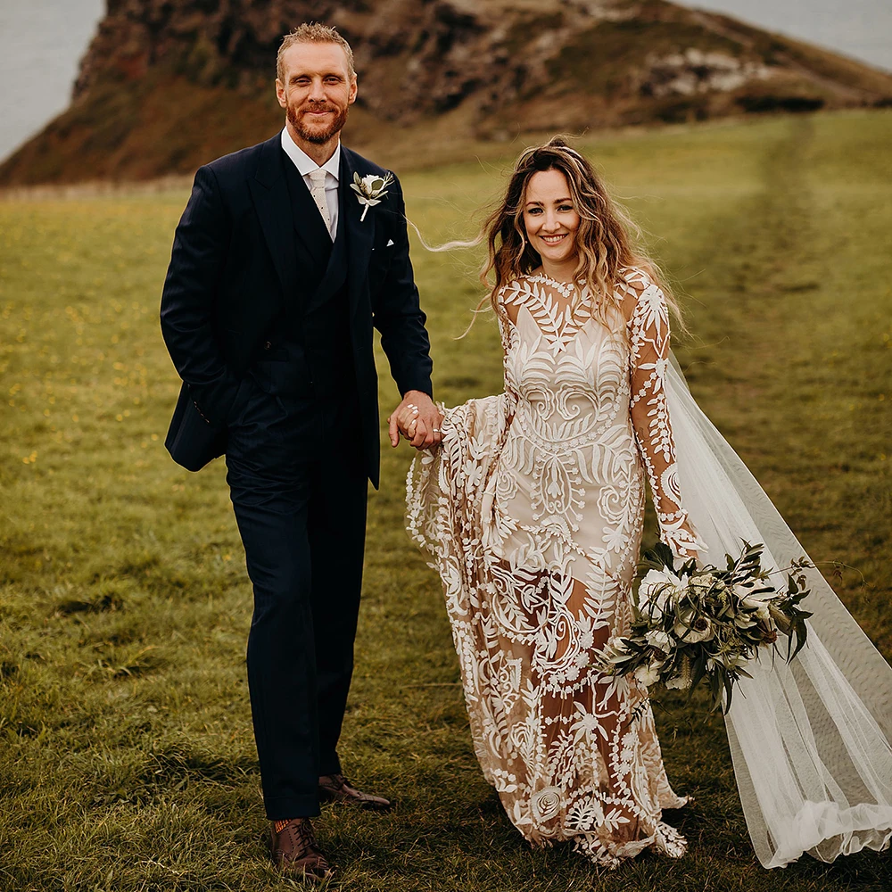 Robe de Mariée Personnalisée en Dentelle avec Fente Haute et Col en V, Deux Pièces, Manches sulf, Style Boho, pour Patients Sirène