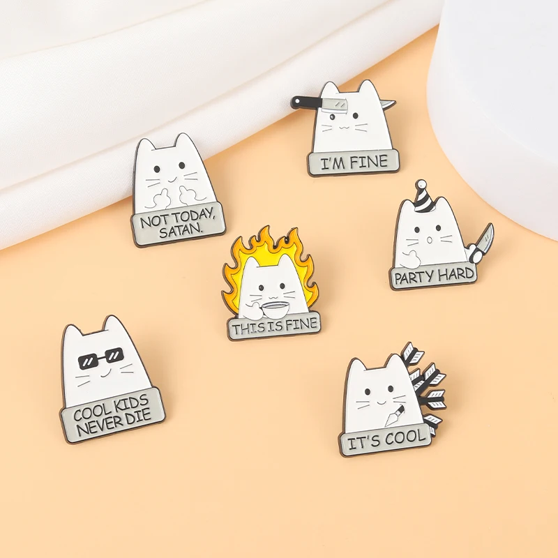 I\'M FINE Enamel Pins Custom COOL KIDS NEVER DIE NOT TODAY SATAN Cat Brooch Lapel Badge Fun Cartoon Jewelry Gift for Kid Friend