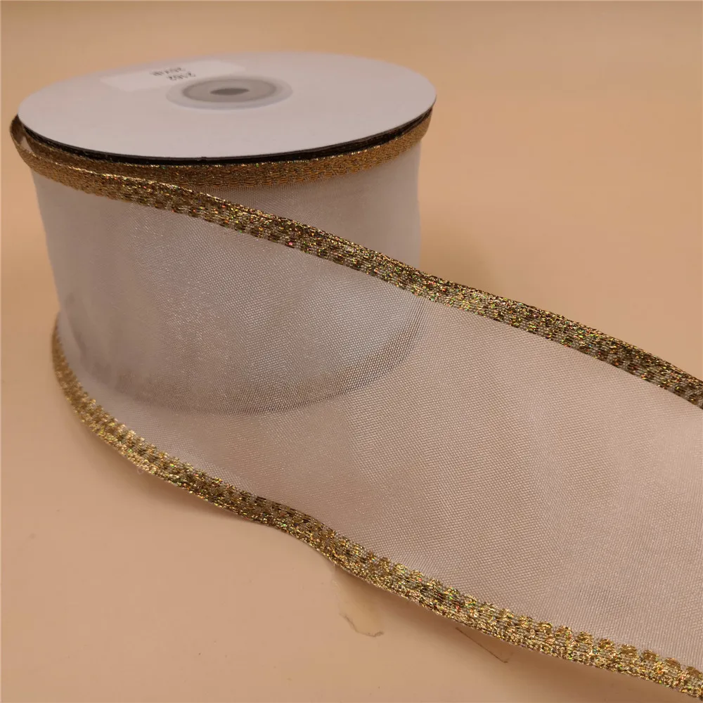 

63MM X 25 Yards White Organza With Press Gold Edges Wired Edge Ribbon for Birthday Decoration Gift Wrapping 2-1/2"