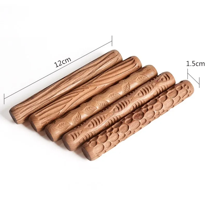 1PCS Pottery Tools Wooden Hand Pressure Roller Sculpture Wood Grain Pattern Relief Stick Mud Roller Clay Polymer Mold