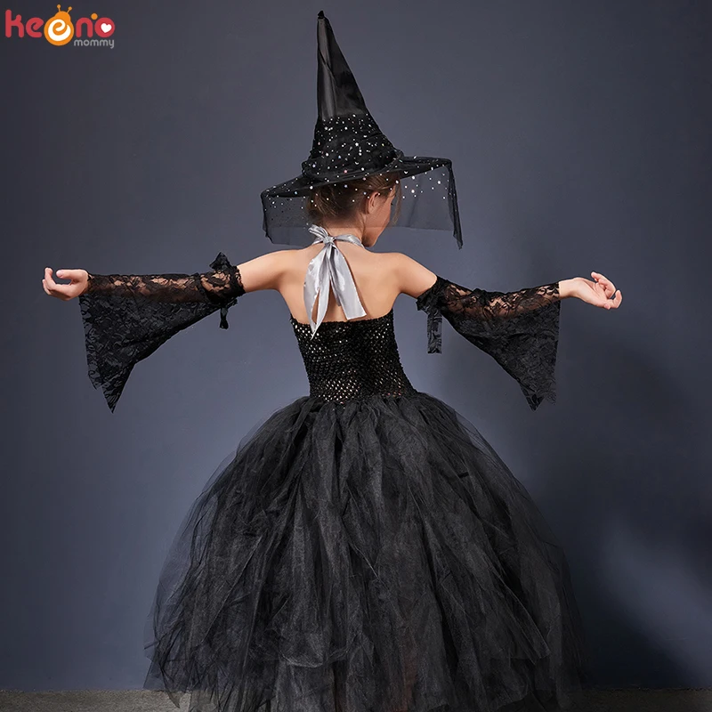 Girls Gothic Halloween Ghost Witch Costume Flare Sleeve Kids Gown Robe Tutu Dress with Witch Hat for Purim Carnival Party