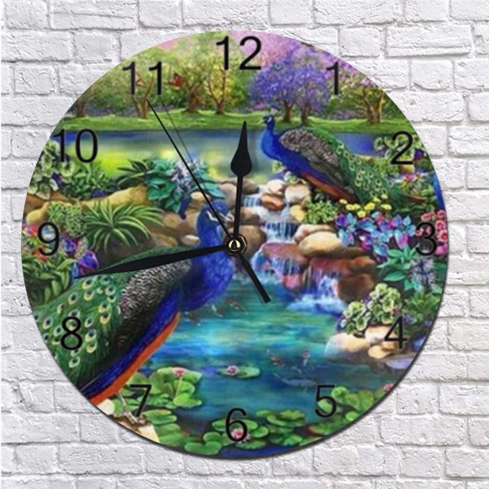 Peacocks Pattern Round Wall Clocks Decor Numeral Digital Dial Mute No Ticking Battery Operated Clocks for Bedroom Home&Living