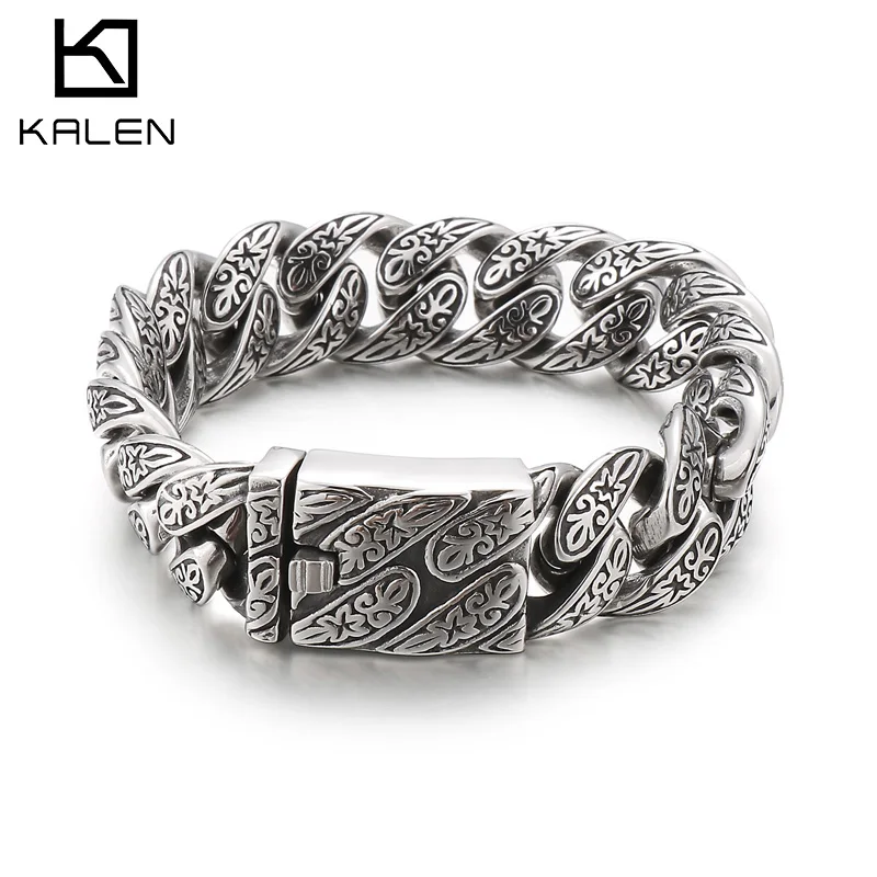 

Kalen 12/18mm Punk Retro Totem Curb Cuban Chain Men's Bracelet Stainless Steel Trend Bracelets Wristband Jewelry