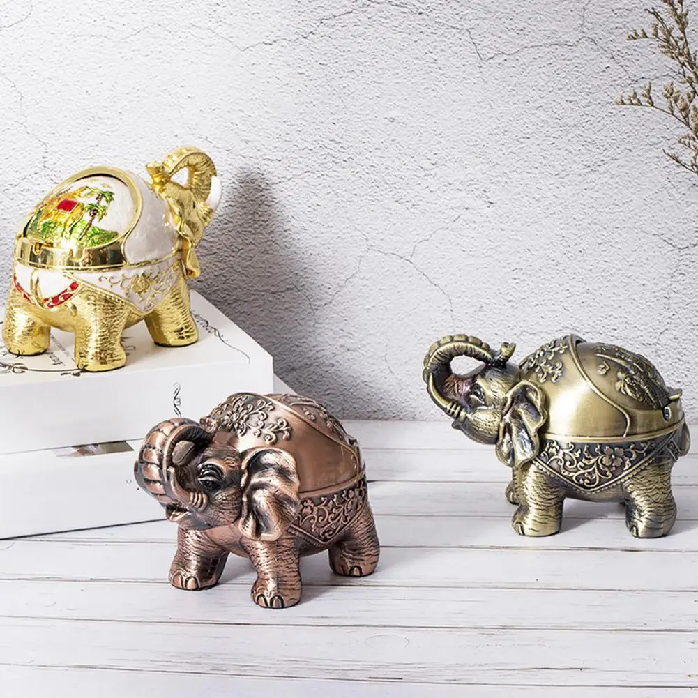 Elephant Shape Retro Animal Windproof Ashtray Alloy Ash Container Semi-closed for Living Room