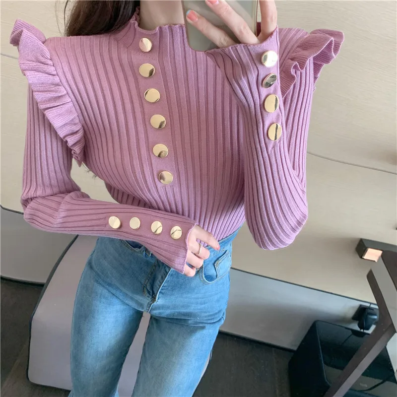 Tops Women Half-high Neck Bottoming Sweater Slimming 2020 Winter New Wood Ear Side Buttoned Knitted Shirt Sweaters Solid Color