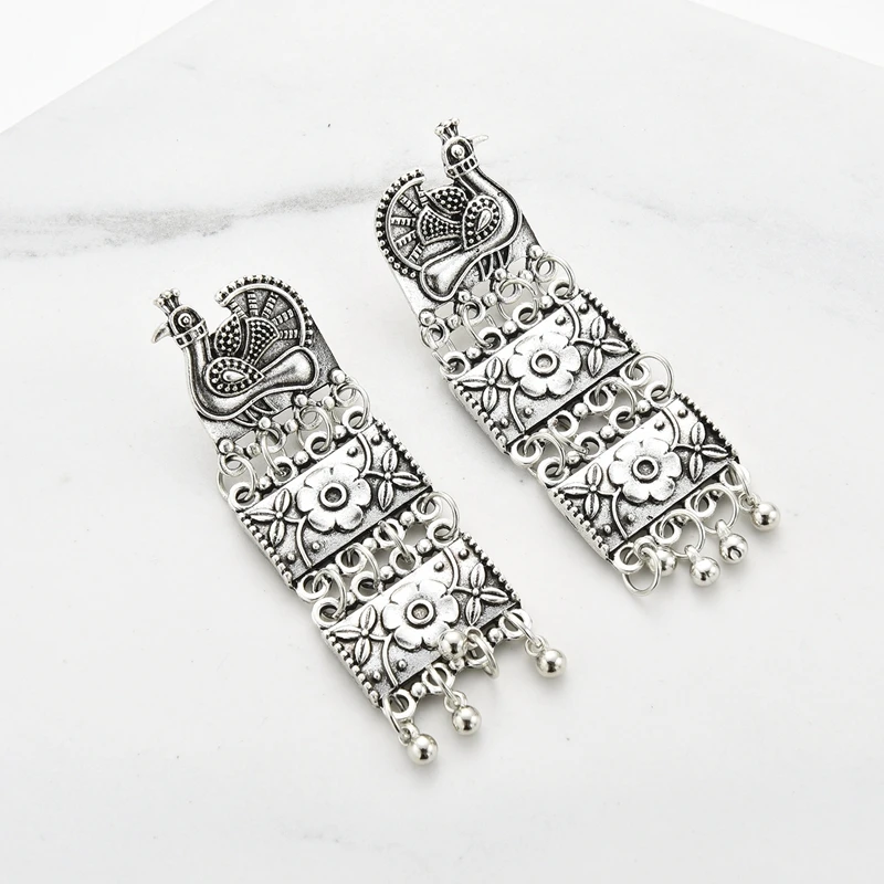 Vintage Peacock Earrings Ethnic Silver Color Three-layer Carved Indian Earrings For Women Exaggerated Tribal Jewelry Orecchini