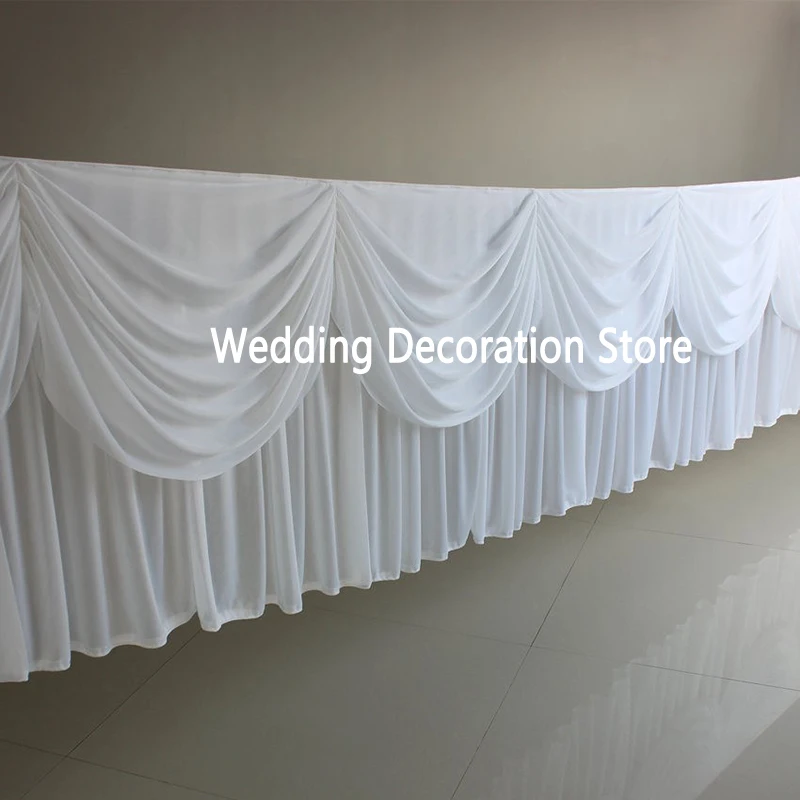 10FT/20FT Length Table Cloth Skirt With Colorful Swag Drape Ice Silk Fabric Table Skirting Wedding Party Event Tablecloth Decor