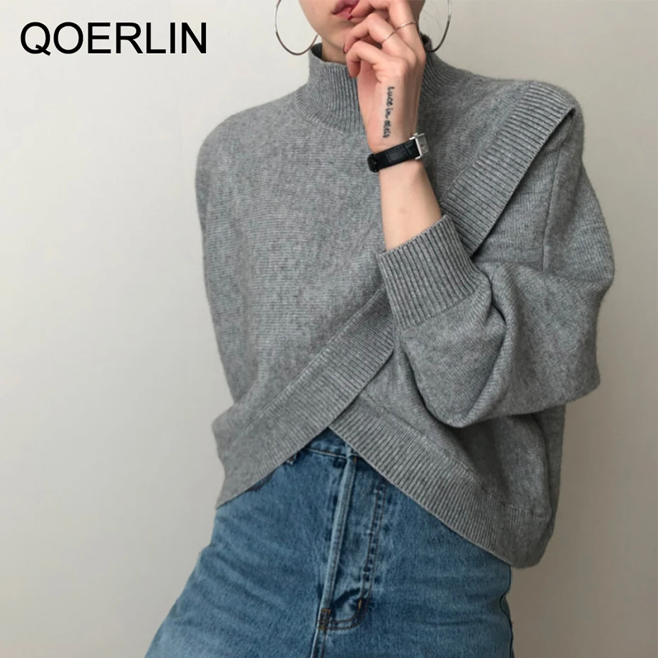 Turtleneck Sweater Women Chic Lantern Sleeve Korean Criss-cross Irregular Pullovers Half Turtleneck Sweater Gray Knitted NewTops