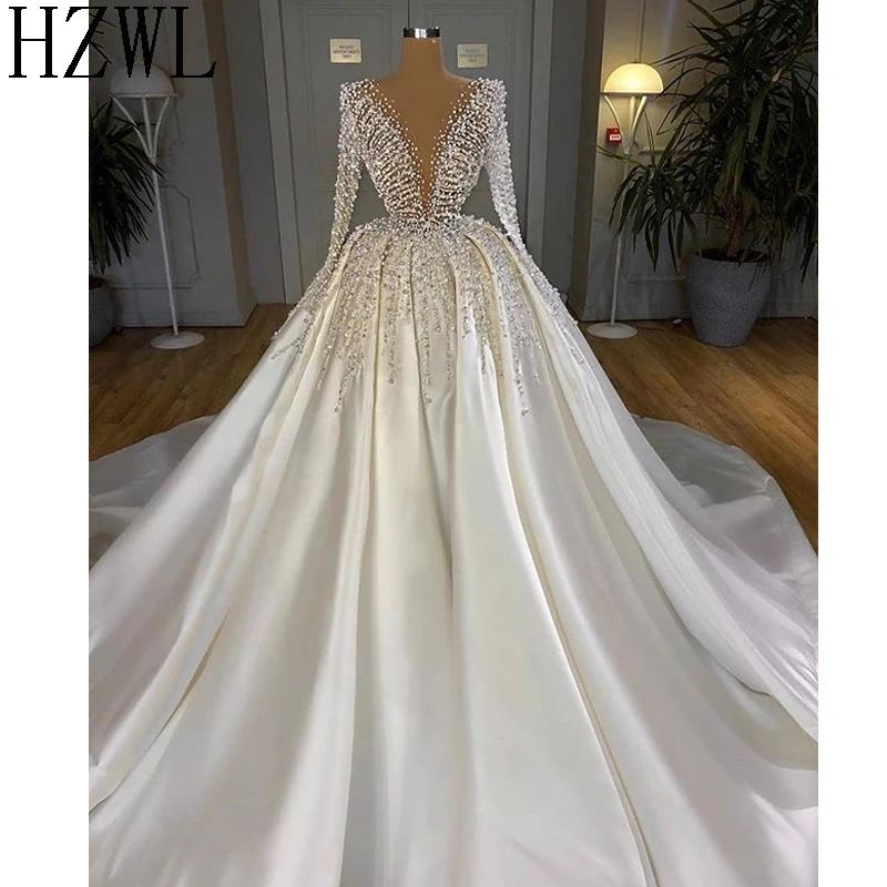 

2020 Turkish Beaded Crystal White Satin Wedding Dresses Dubai Arabic Long Sleeve Bridal Gowns Bride Dress Middle East