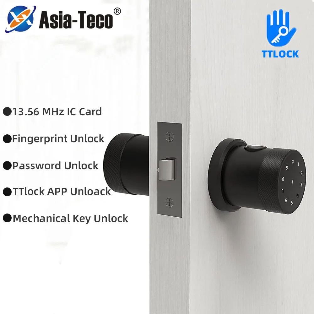 Password Door Knob Key Kit Side Grip Fingerprint Sensor Lock Door Handle 13.56mhz Swiping IC Card Phone Bluetooth TTlock Opener