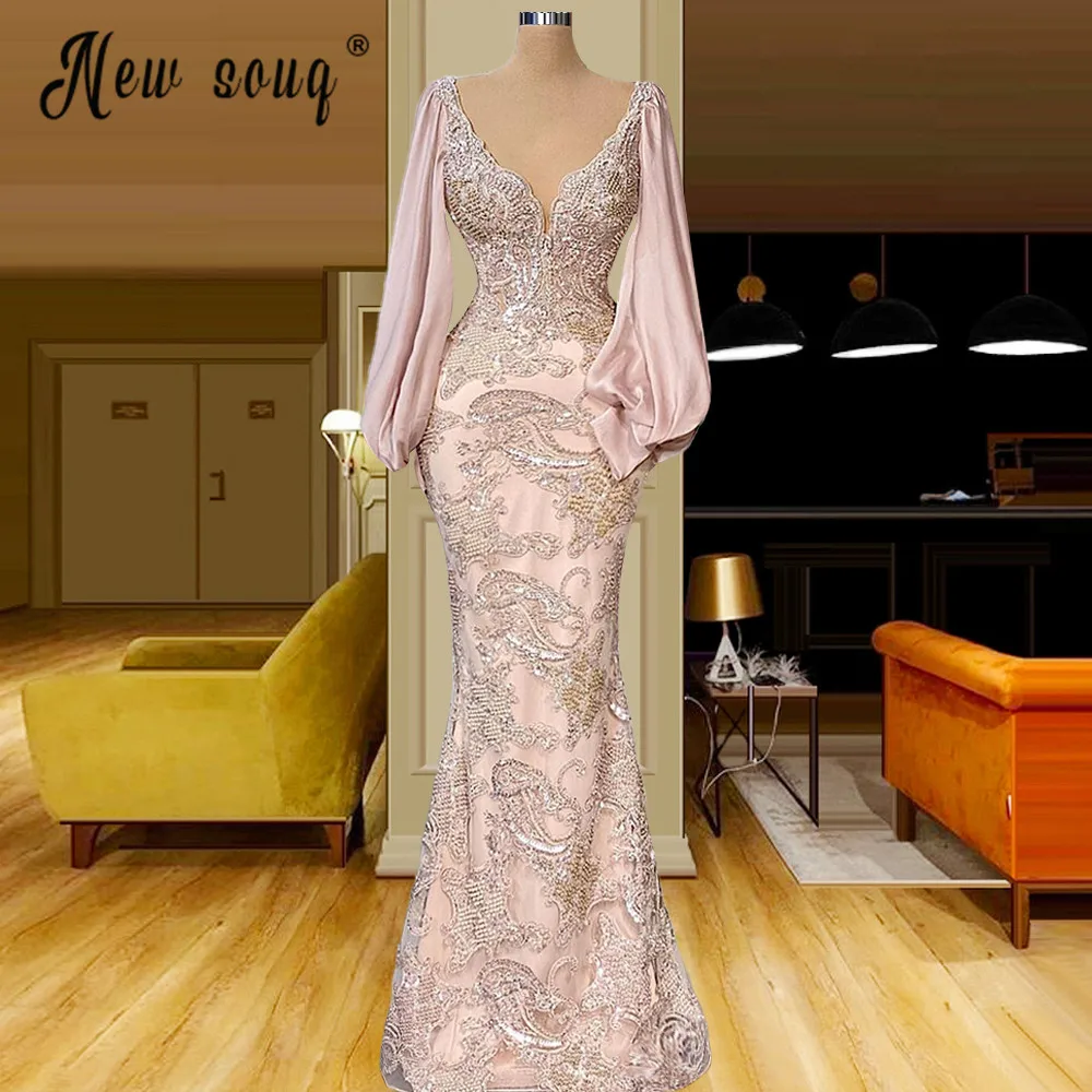 Dubai Erröten Rosa Meerjungfrau Abendkleider Luxus V-ausschnitt Spitze Perlen Prom Formale Kleid für Frauen Hochzeit Party Kleider