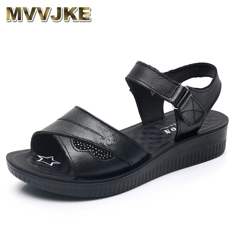 MVVJKESummer women sandals fashion comfortable leather soft bottom flat bottom non-slip wide feet plus fat size female sandals