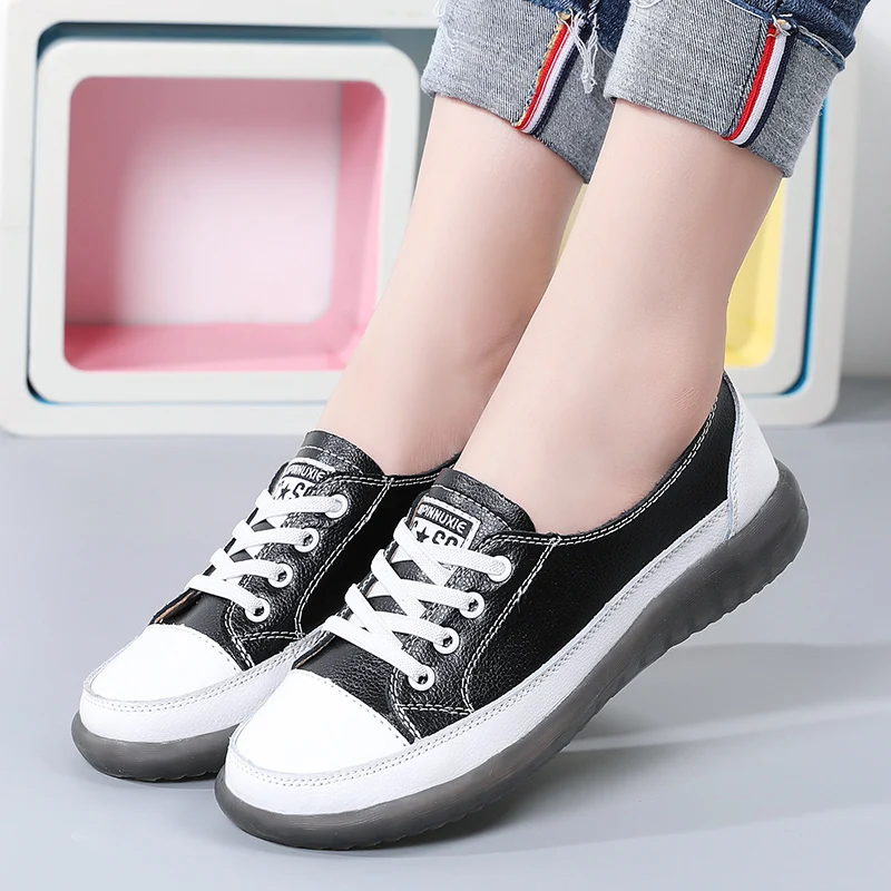 Women's Genuine Leather Sneakers Women Casual Fashionable Sports Shoes Vulcanized Woman Summer Flat Shoe Ladies White 40