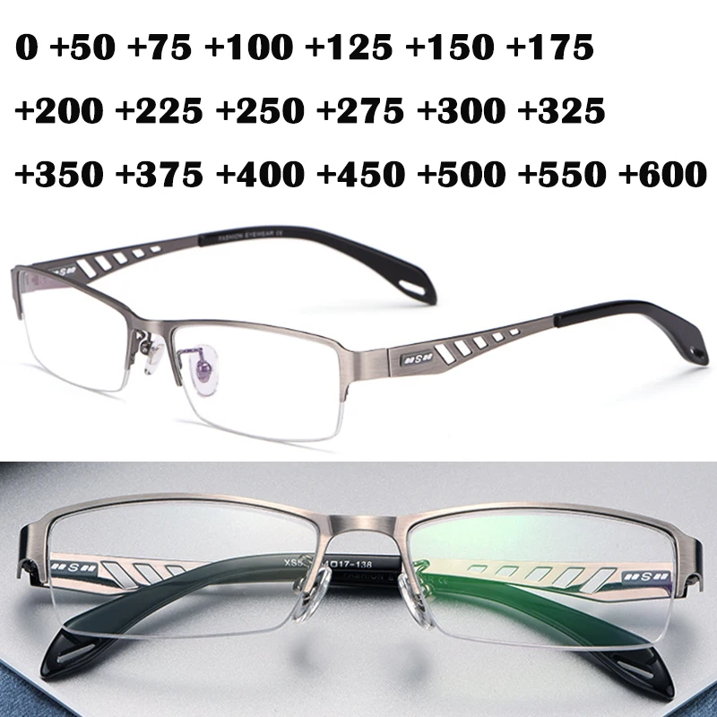 Half Frame Reading Glasses Men Optical Business Flexible Cozy Hyperopia Glasses Hollow-Out Titanium Metal Black Diopter +125 175