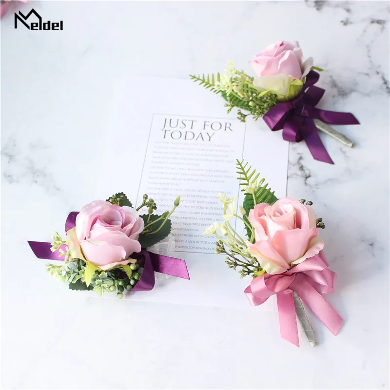 Meldel Faux Rose Groom Boutonniere Bunga Pernikahan Pergelangan Tangan Korsase Gelang Pengiring Pengantin Pita Pernikahan Korsase Bunga Aksesoris