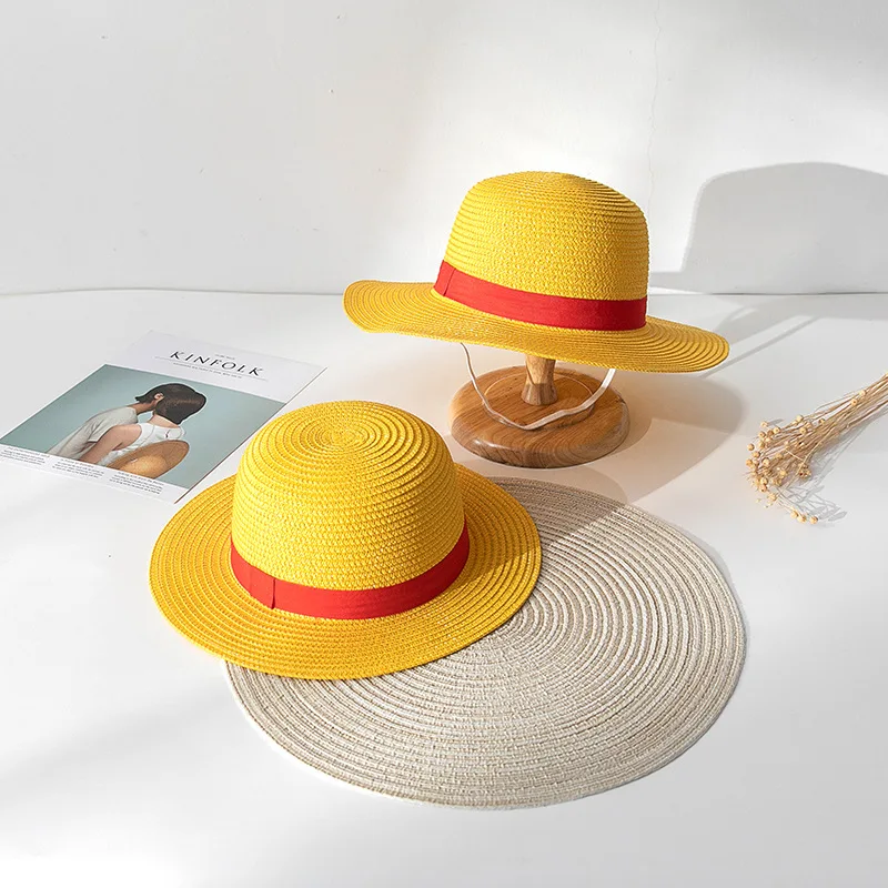 Brdwn Luffy Unisex, cuerda de cuello de paja plana amarilla, accesorios de dibujos animados japoneses, sombrero de Cosplay