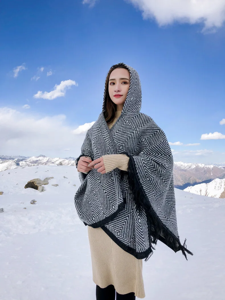 Aztec Hooded Poncho With Tassels Women's Knitted Coat Open Stitch Sweaters Ponchos New 150cm*130cm Dropshipping