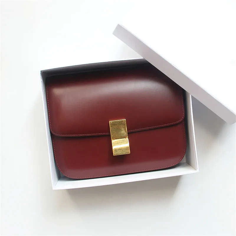 Glossy Metal Box Classic Design Real Leather Flap Wine Red Women's Crossbody Vintage Bag Purse and Handbag Luxury Tofu Bags 2026