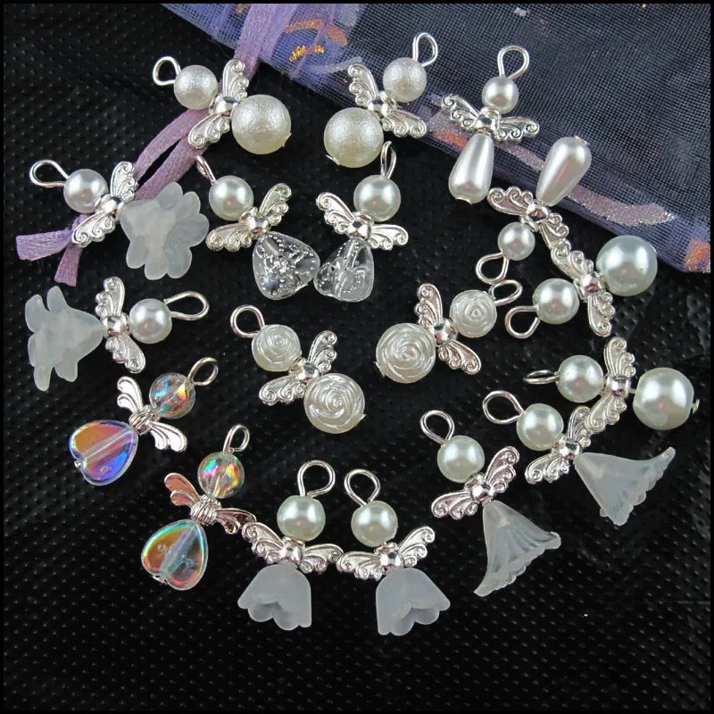 20Pcs/Lot White Dancing Heart Rose Flower Horn Acrylic Angel Silver Plated Wings Charms Pendants