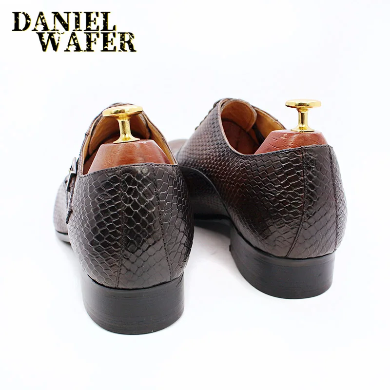 Modische Herren-Lederschuhe mit Schlangenhaut-Aufdruck, klassische Schnürung, Oxford, formell in Wein, Blau, Kaffee, Schwarz – spitze Zehenpartie – Detail 17