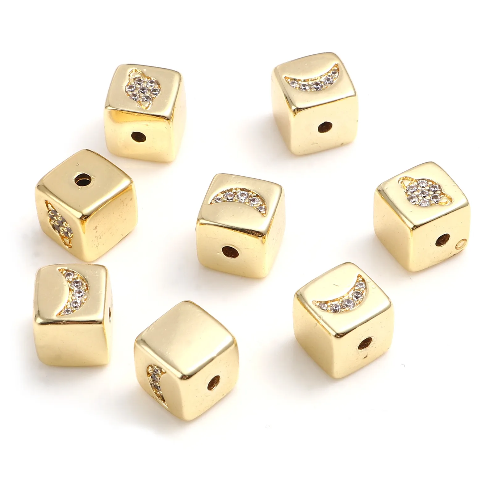 1PC Copper Micro Pave Square Beads Gold Color Clear Rhinestone Moon Eye Metal Loose Beads DIY Making Necklace Jewelry 7mm x 7mm