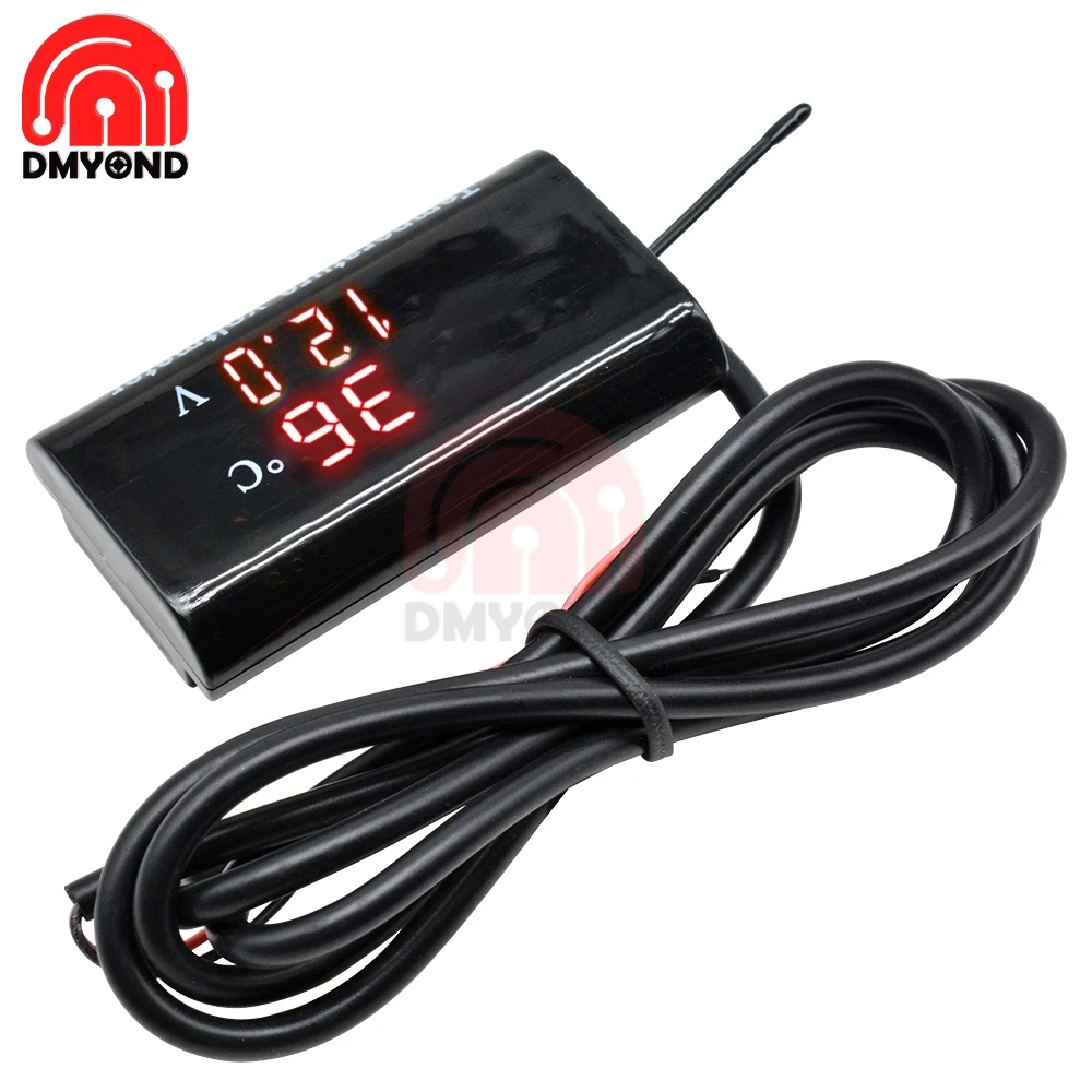 DC 12V 0.28 Inch Voltage and Temperature Motorcycle Car Dual IPX6 Waterproof Digital LED Display Waterproof Panel Meter Red-Red