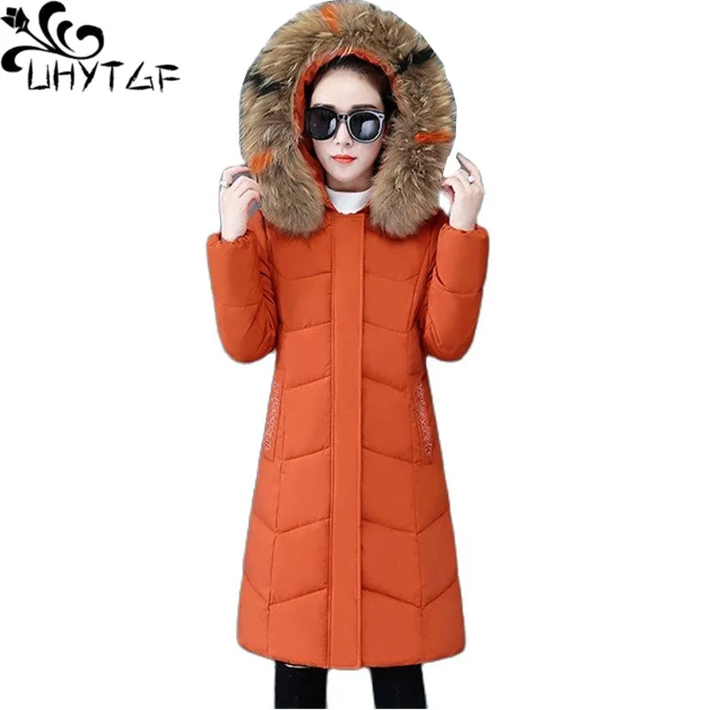 UHYTGF Women Winter Jackets Quality White Duck Down Casual Warm Cotton Coat Hooded Cold-Proof 3XL Loose Size Parker Overcoat 27