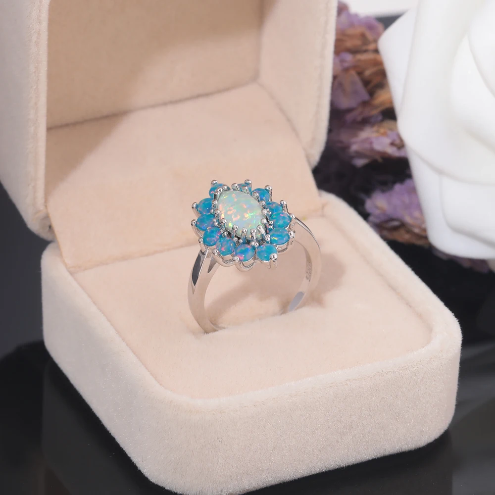 CiNily Created White Rainbow Fire Opal Silver Plated Wholesale Hot Sell Fashion Jewelrys For Women Opal Rings Size 7-9 OJ9585