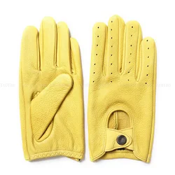 Stilvolle Frauen Echtes Leder Dünne Handschuhe Weibliche Volle Finger Reine Sheerkin Fahren Lokomotive Luvas Guantes Mujer Gelb/Schwarz