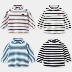 2024 Spring Autumn Winter 2 3 4 6 8 10 Years Cartoon High Neck Pullover Basic Turtleneck Striped Soft T-Shirt For Kids Baby Boy