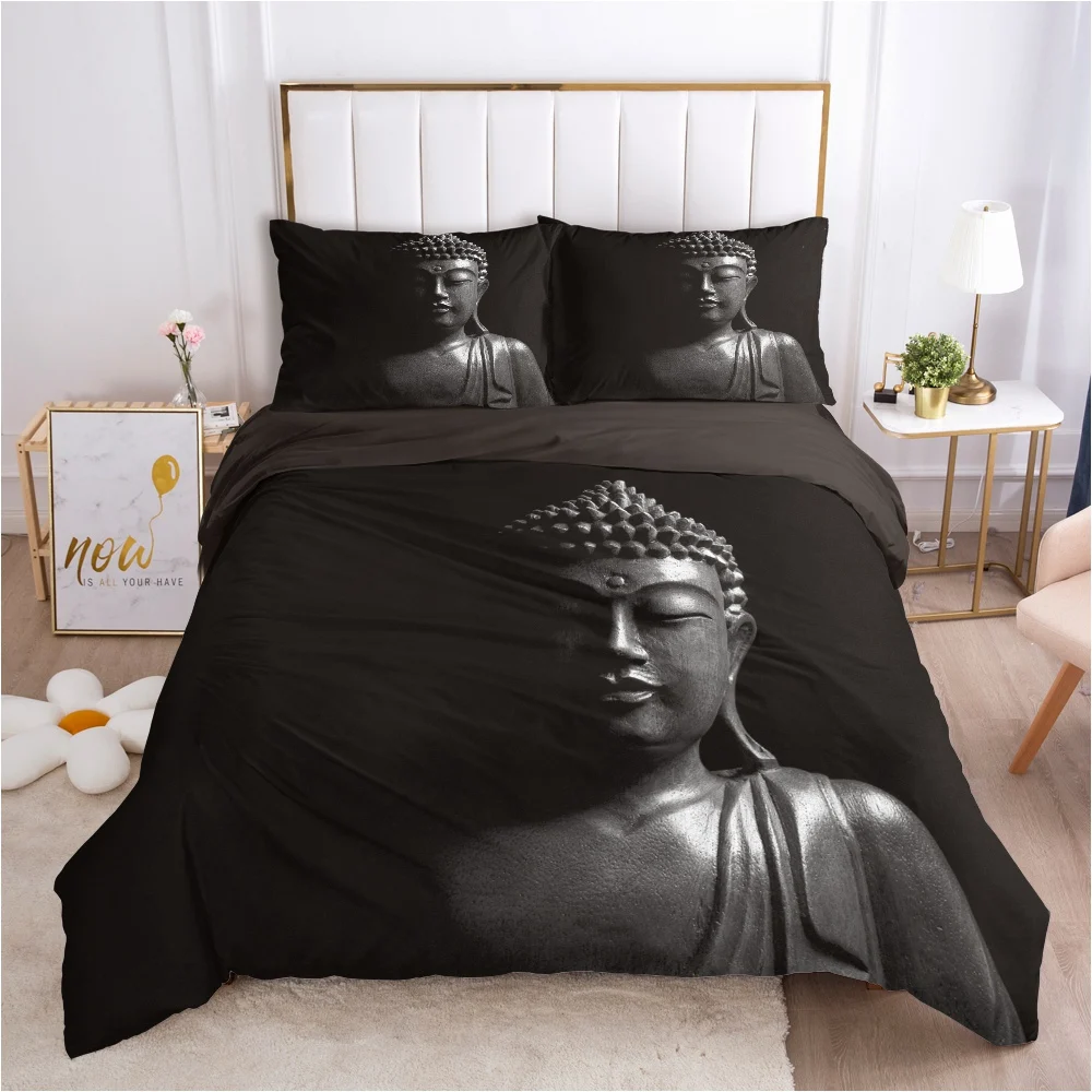 Conjunto de cama preto com corpo de Buda para rainha, rei, completo, duplo, capa de edredão, fronha, roupa de cama, 240x220