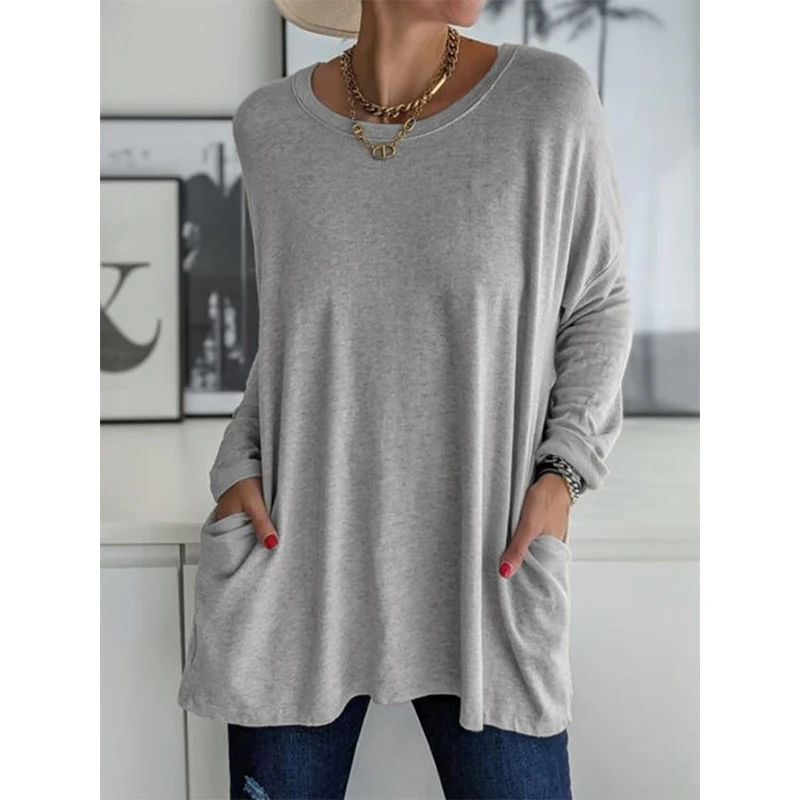 Solid Color Vintage Pocket Oversized T-shirt Female Clothing Fashion Autumn Tunics Basic Y2k Top Women 2021 Long Sleeve T Shirt