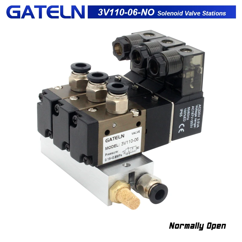 3V110-06-NO Normally Open Solenoid Valve Stations Block With Muffler Fitting Base Manifold DC12v DC24v AC110v AC220v 3 port