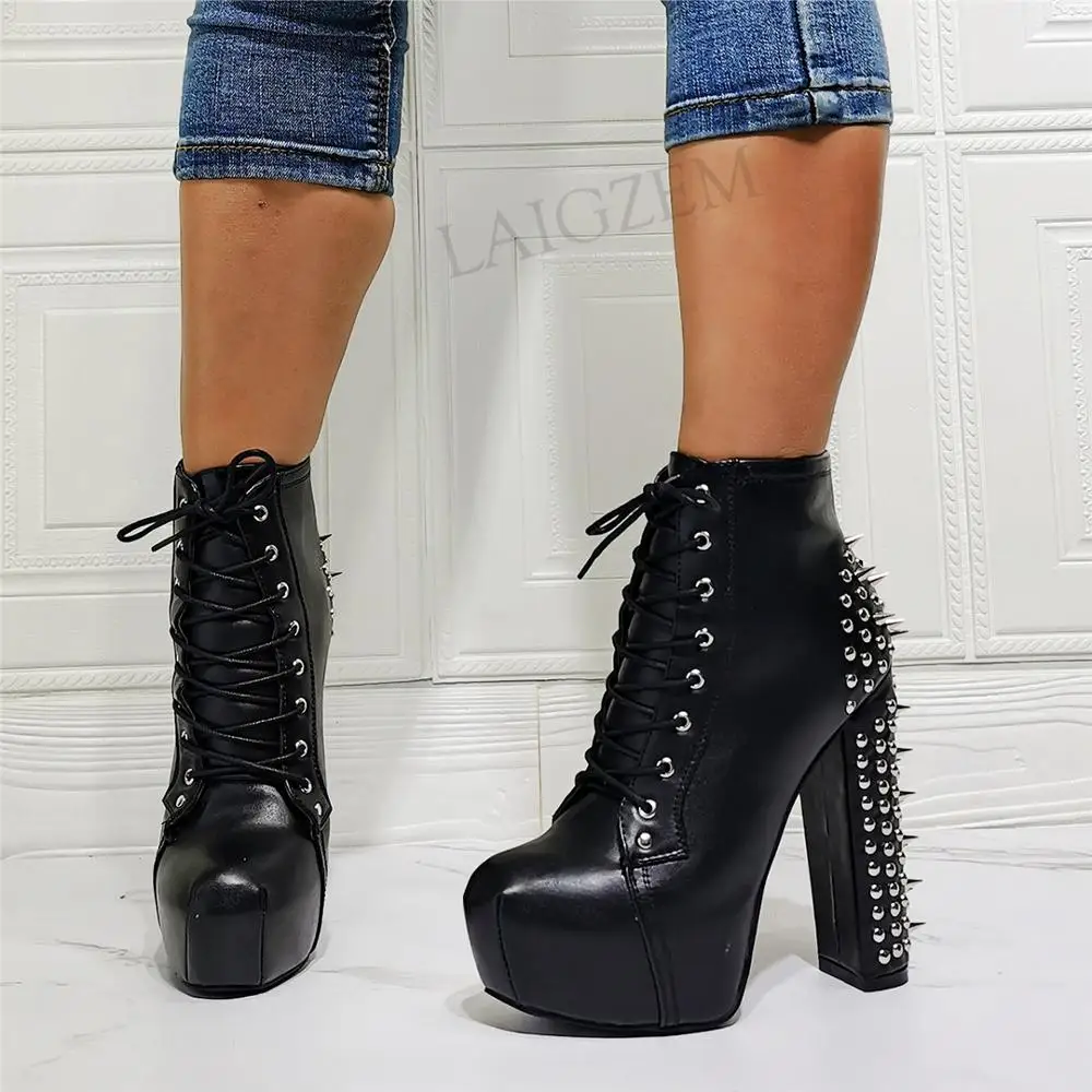 SEIIHEM Women Ankle Platform Boots Studded Chunky High Heels Short Booties Unisex Black Shoes Woman Large Size 36 42 44 50 52