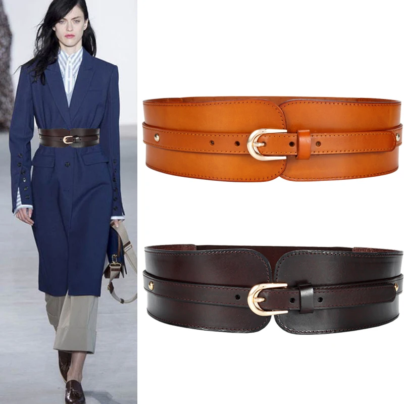 H3288 Women Wide Elastic Waist Belt Ladies Cowhide Fashion Simple Solid Color Waist Seal Genuine Leather Waistband Accessories