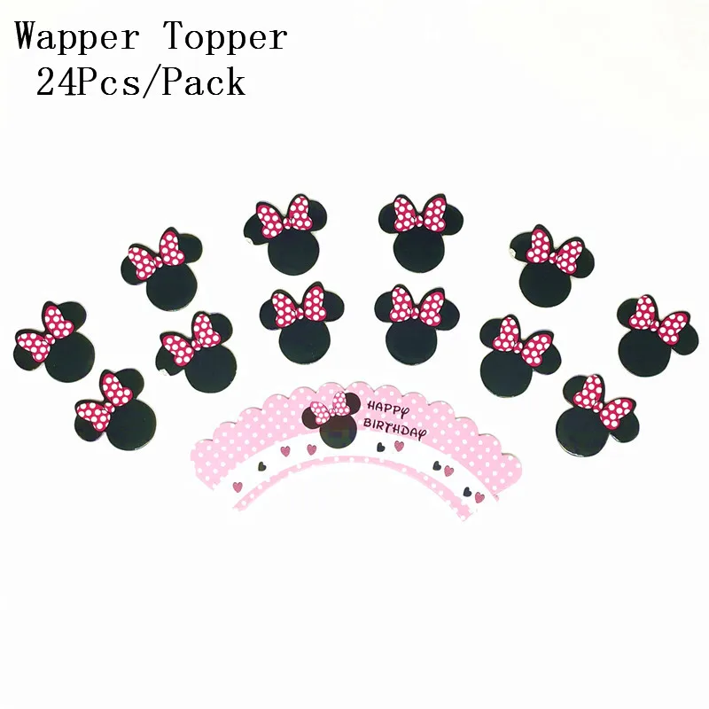 24 pcs Disney Pink Minnie Mouse Theme Birthday Party Cartoon Cupcake Wrappers And Toppers Christmas Cake Decorations Supplies