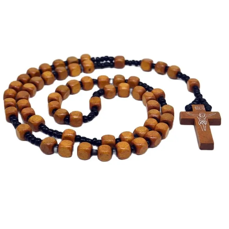 

NEW Cube Wood Rosary Beads INRI Jesus Cross Pendant Catholic Christian Fashion Religious Jewelry