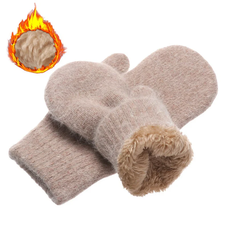 2021 Winter Keep Warm Plus Cashmere Solid Elasticity Soft Full Fingers Mittens Gloves for Women Rabbit Fur Knitted Cute Gloves