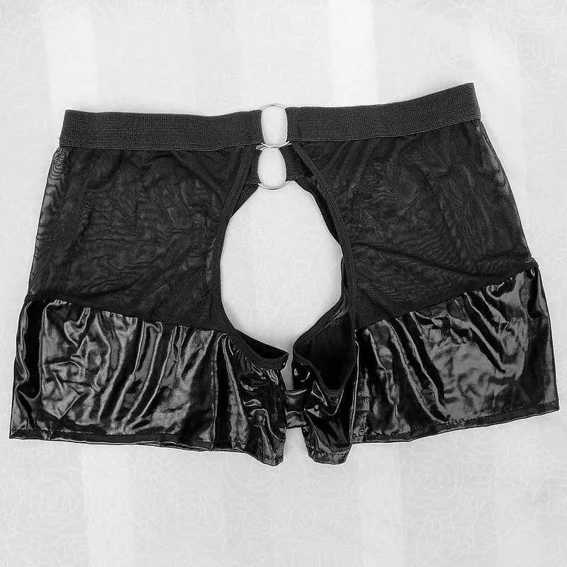 Open Butt  Mens Faux Leather Boxers Shorts Underwear Erotic Lingerie Crotchless Sissy Panties Mesh Male Underpants Clubwear