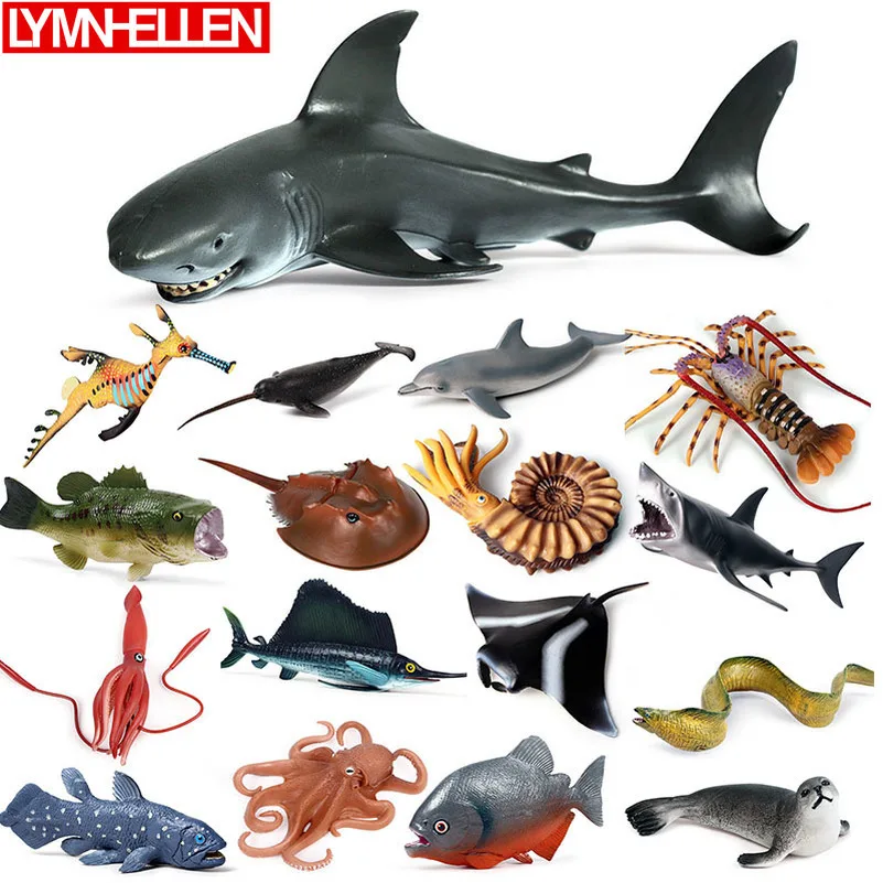 Simulation Marine Life Model Batfish Lobster Squid Shark Sailfish Narwhal Octopus Dolphin Collection Animal Action Figure Toys